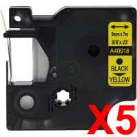 5 x Compatible Dymo D1 Label Tape 9mm Black on Yellow 40918 - 7 metres