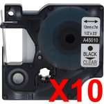 10 x Compatible Dymo D1 Label Tape 12mm Black on Clear 45010 - 7 metres