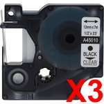 3 x Compatible Dymo D1 Label Tape 12mm Black on Clear 45010 - 7 metres