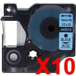10 x Compatible Dymo D1 Label Tape 12mm Black on Blue 45016 - 7 metres