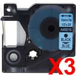 3 x Compatible Dymo D1 Label Tape 12mm Black on Blue 45016 - 7 metres