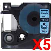 5 x Compatible Dymo D1 Label Tape 12mm Black on Blue 45016 - 7 metres