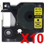 10 x Compatible Dymo D1 Label Tape 12mm Black on Yellow 45018 - 7 metres