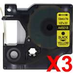 3 x Compatible Dymo D1 Label Tape 12mm Black on Yellow 45018 - 7 metres