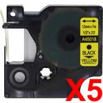 5 x Compatible Dymo D1 Label Tape 12mm Black on Yellow 45018 - 7 metres