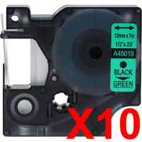 10 x Compatible Dymo D1 Label Tape 12mm Black on Green 45019 - 7 metres