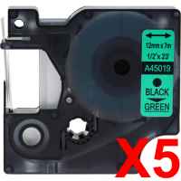 5 x Compatible Dymo D1 Label Tape 12mm Black on Green 45019 - 7 metres