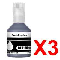3 x Compatible Brother BTD180 Black Ink Bottle BTD180BK