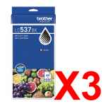 3 x Genuine Brother LC-537 Black Ink Cartridge Ultra High Yield LC-537BK