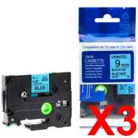 3 x Compatible Brother TZe-521 9mm Black on Blue Laminated Tape 8 metres