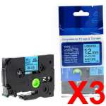 3 x Compatible Brother TZe-531 12mm Black on Blue Laminated Tape 8 metres
