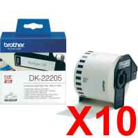 10 x Genuine Brother DK-22205 White Paper Tape Roll - 62mm x 30.48m - Continuous Length