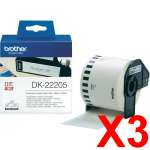 3 x Genuine Brother DK-22205 White Paper Tape Roll - 62mm x 30.48m - Continuous Length