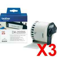 3 x Genuine Brother DK-22205 White Paper Tape Roll - 62mm x 30.48m - Continuous Length