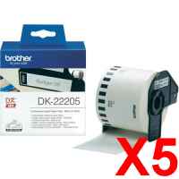 5 x Genuine Brother DK-22205 White Paper Tape Roll - 62mm x 30.48m - Continuous Length