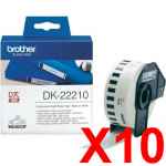 10 x Genuine Brother DK-22210 White Paper Tape Roll - 29mm x 30.48m - Continuous Length