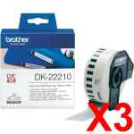 3 x Genuine Brother DK-22210 White Paper Tape Roll - 29mm x 30.48m - Continuous Length