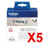 5 x Genuine Brother DK-22212 White Film Tape Roll - 62mm x 15.24m - Continuous Length