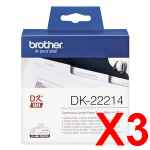 3 x Genuine Brother DK-22214 White Paper Tape Roll - 12mm x 30.48m - Continuous Length