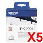 5 x Genuine Brother DK-22214 White Paper Tape Roll - 12mm x 30.48m - Continuous Length