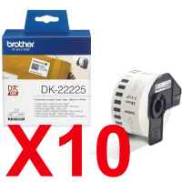 10 x Genuine Brother DK-22225 White Paper Tape Roll - 38mm x 30.48m - Continuous Length