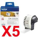 5 x Genuine Brother DK-22225 White Paper Tape Roll - 38mm x 30.48m - Continuous Length