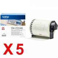 5 x Genuine Brother DK-22246 White Paper Tape Roll - 103mm x 30.48m - Continuous Length