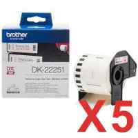 5 x Genuine Brother DK-22251 Black/Red on White Paper Tape Roll - 62mm x 15.24m - Continuous Length
