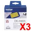 3 x Genuine Brother DK-44605 Yellow Removable Paper Tape Roll - 62mm x 30.48m - Continuous Length