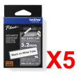 5 x Genuine Brother HSe-211E 5.2mm Black on White Heat Shrink Tube  Tape 1.5 metres