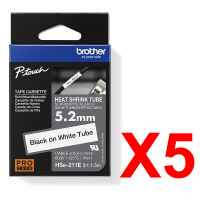 5 x Genuine Brother HSe-211E 5.2mm Black on White Heat Shrink Tube  Tape 1.5 metres