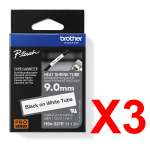 3 x Genuine Brother HSe-221E 9.0mm Black on White Heat Shrink Tube  Tape 1.5 metres
