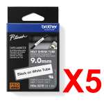 5 x Genuine Brother HSe-221E 9.0mm Black on White Heat Shrink Tube  Tape 1.5 metres