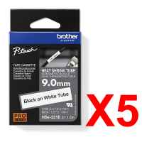5 x Genuine Brother HSe-221E 9.0mm Black on White Heat Shrink Tube  Tape 1.5 metres