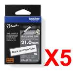 5 x Genuine Brother HSe-251E 21.0mm Black on White Heat Shrink Tube  Tape 1.5 metres