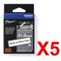 5 x Genuine Brother HSe-261E 31.0mm Black on White Heat Shrink Tube  Tape 1.5 metres