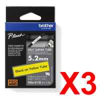 3 x Genuine Brother HSe-611E 5.2mm Black on Yellow Heat Shrink Tube  Tape 1.5 metres