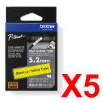 5 x Genuine Brother HSe-611E 5.2mm Black on Yellow Heat Shrink Tube  Tape 1.5 metres