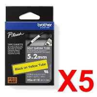 5 x Genuine Brother HSe-611E 5.2mm Black on Yellow Heat Shrink Tube  Tape 1.5 metres