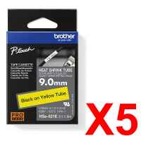 5 x Genuine Brother HSe-621E 9.0mm Black on Yellow Heat Shrink Tube  Tape 1.5 metres