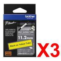 3 x Genuine Brother HSe-631E 11.2mm Black on Yellow Heat Shrink Tube  Tape 1.5 metres