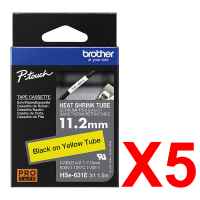 5 x Genuine Brother HSe-631E 11.2mm Black on Yellow Heat Shrink Tube  Tape 1.5 metres
