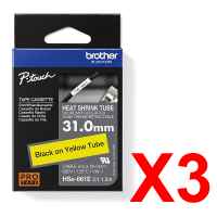 3 x Genuine Brother HSe-661E 31.0mm Black on Yellow Heat Shrink Tube  Tape 1.5 metres