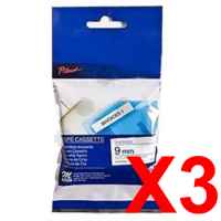 3 x Genuine Brother M-K223 9mm Blue on White Plastic M Tape 8 metres