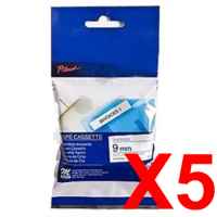 5 x Genuine Brother M-K223 9mm Blue on White Plastic M Tape 8 metres