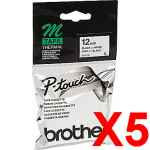 5 x Genuine Brother M-K231 12mm Black on White Plastic M Tape 8 metres