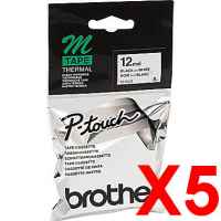 5 x Genuine Brother M-K231 12mm Black on White Plastic M Tape 8 metres