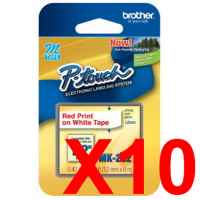 10 x Genuine Brother M-K232 12mm Red on White Plastic M Tape 8 metres