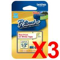 3 x Genuine Brother M-K232 12mm Red on White Plastic M Tape 8 metres