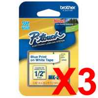 3 x Genuine Brother M-K233 12mm Blue on White Plastic M Tape 8 metres